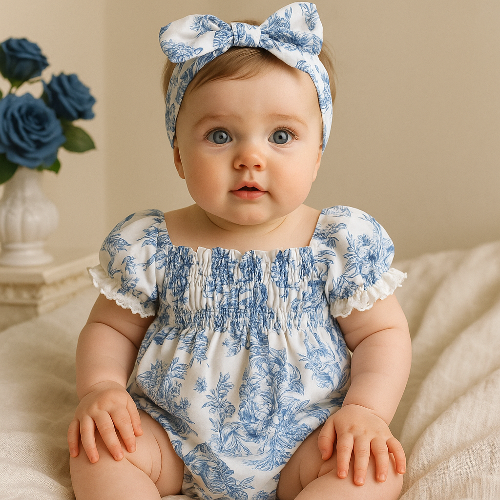 Baby Girl Floral Print Romper with Headband | Summer Outfit