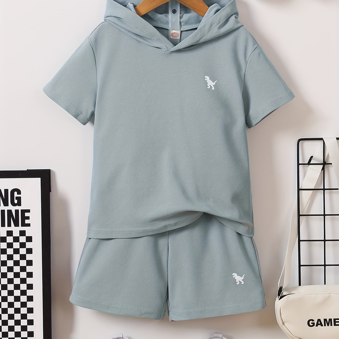 Boys Dinosaur Print Hooded Summer Outfit Set