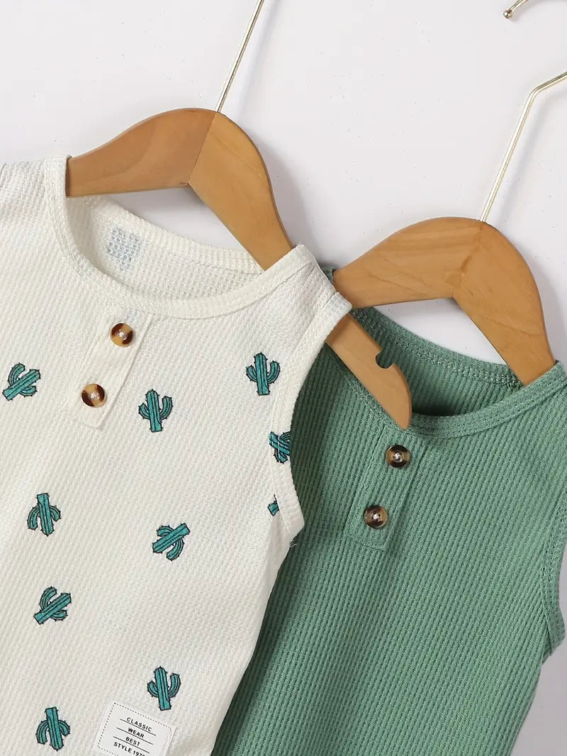 Summer Baby Boy Cactus Tank Top & Matching Pants Set | Waffle Cotton