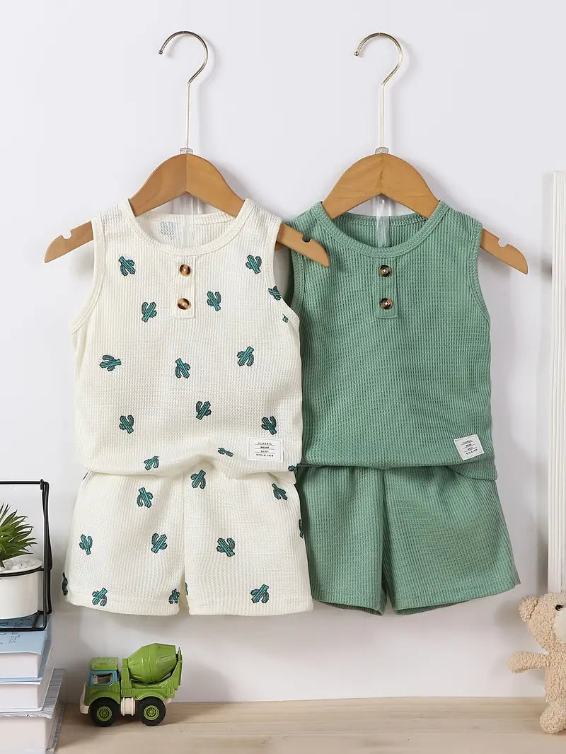 Summer Baby Boy Cactus Tank Top & Matching Pants Set | Waffle Cotton