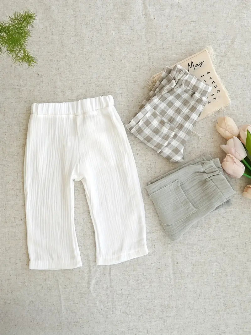3PCS Soft Cotton Muslin Baby Pants Set | Unisex Plaid Trousers