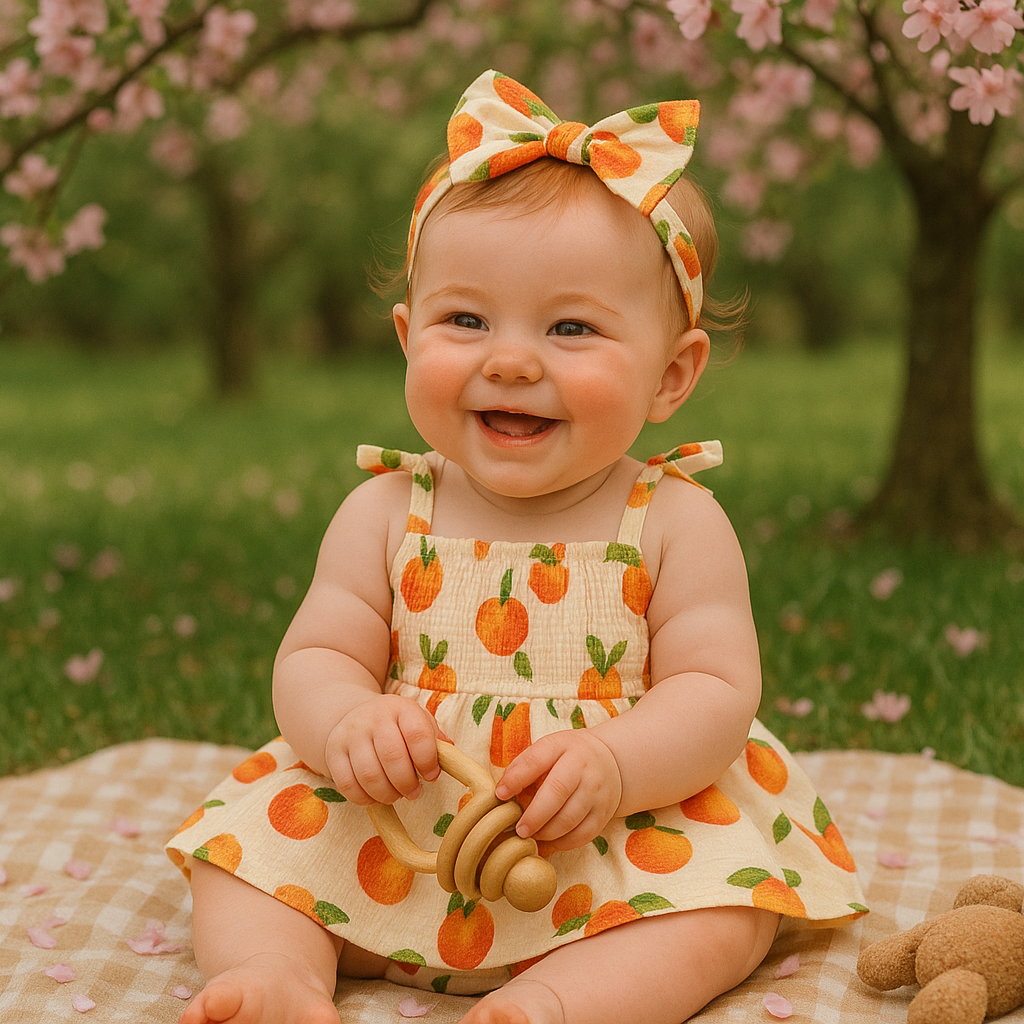 Orange Cotton Romper Dress – Sleeveless & Shirred for Girls