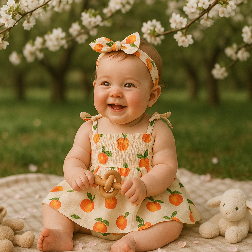 Orange Cotton Romper Dress – Sleeveless & Shirred for Girls
