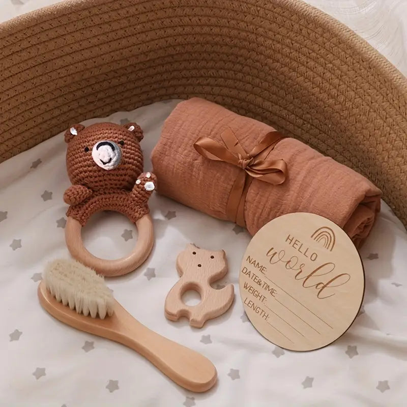 Newborn Gift Set – Crochet Rattle, Wooden Brush, Towel + Photo Props (Handmade)