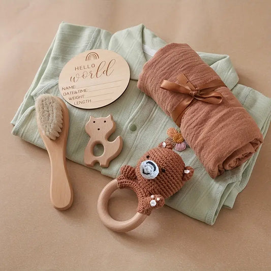 Newborn Gift Set – Crochet Rattle, Wooden Brush, Towel + Photo Props (Handmade)
