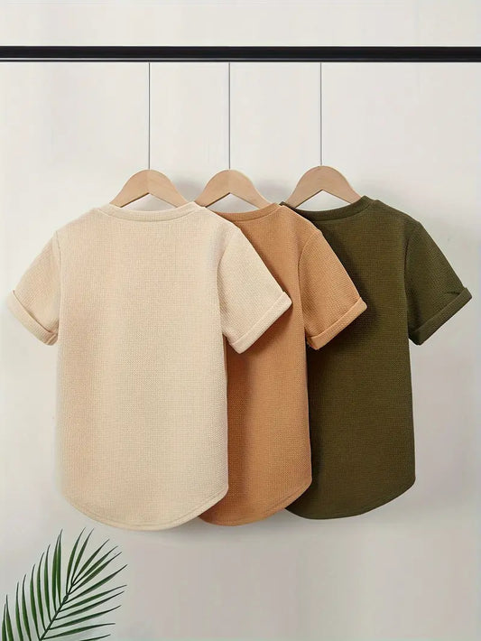 3PCS Boys Solid Color Curved Hem T-Shirts | Summer Casual