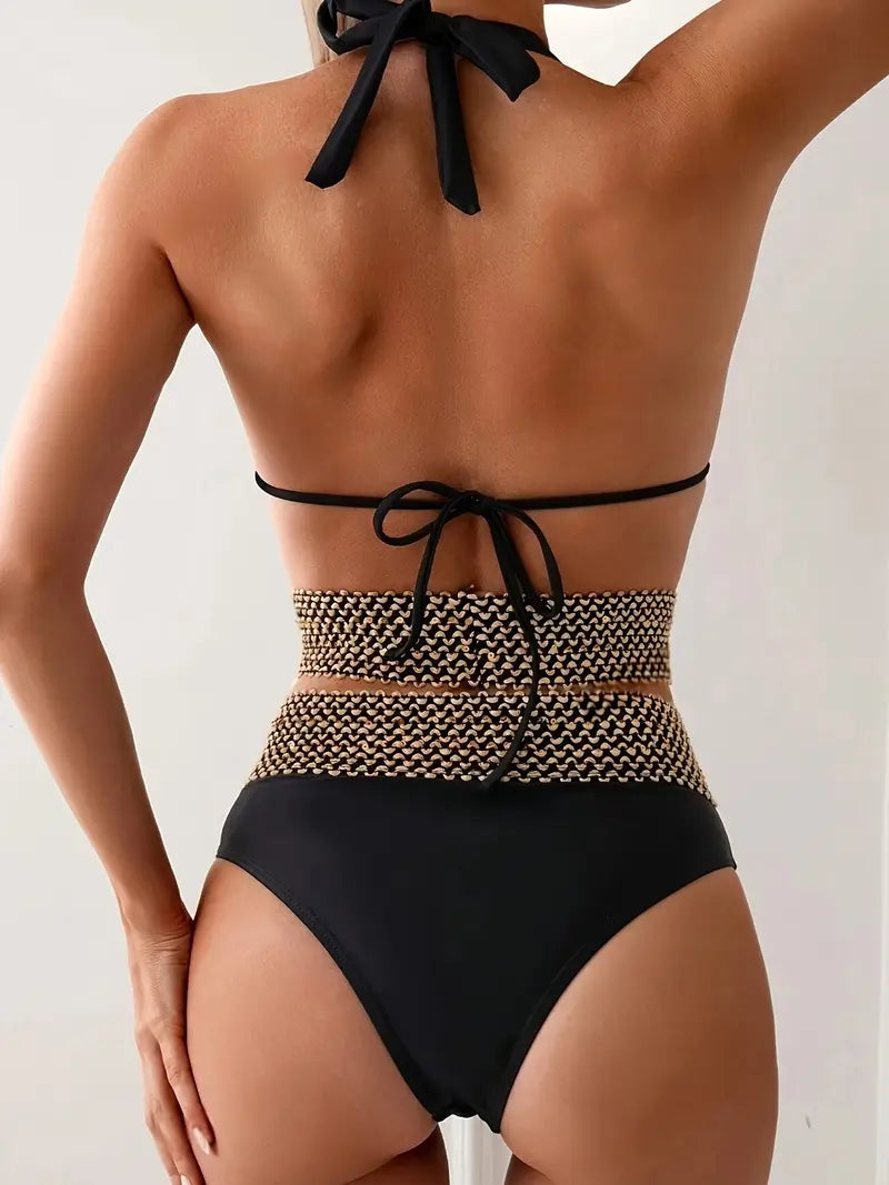 Women's Black Bikini with Golden Mesh