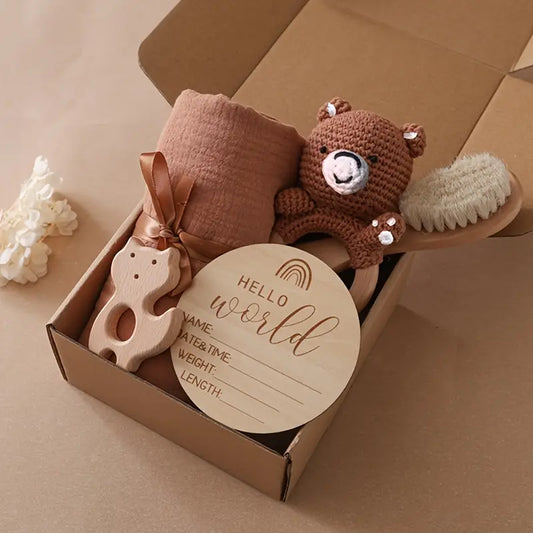 Newborn Gift Set – Crochet Rattle, Wooden Brush, Towel + Photo Props (Handmade)