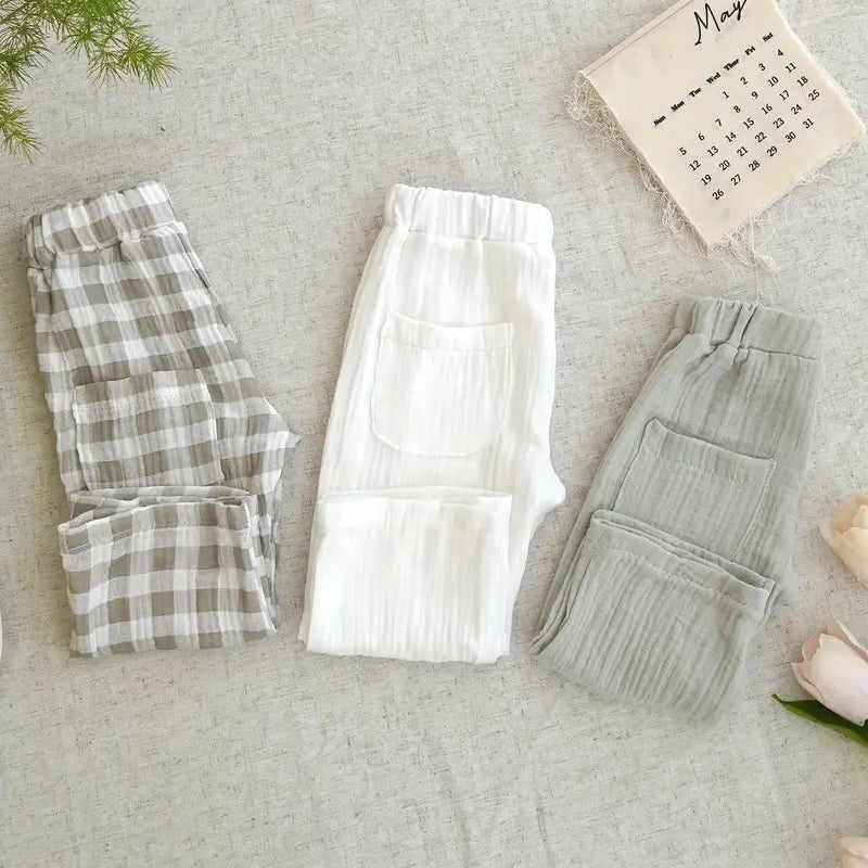 3PCS Soft Cotton Muslin Baby Pants Set | Unisex Plaid Trousers