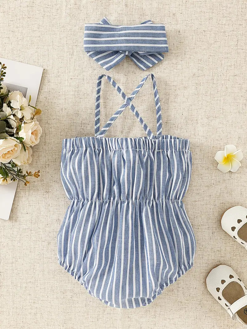 Baby Girl Romper Set with Matching Bow Headband | Outdoor Outfit