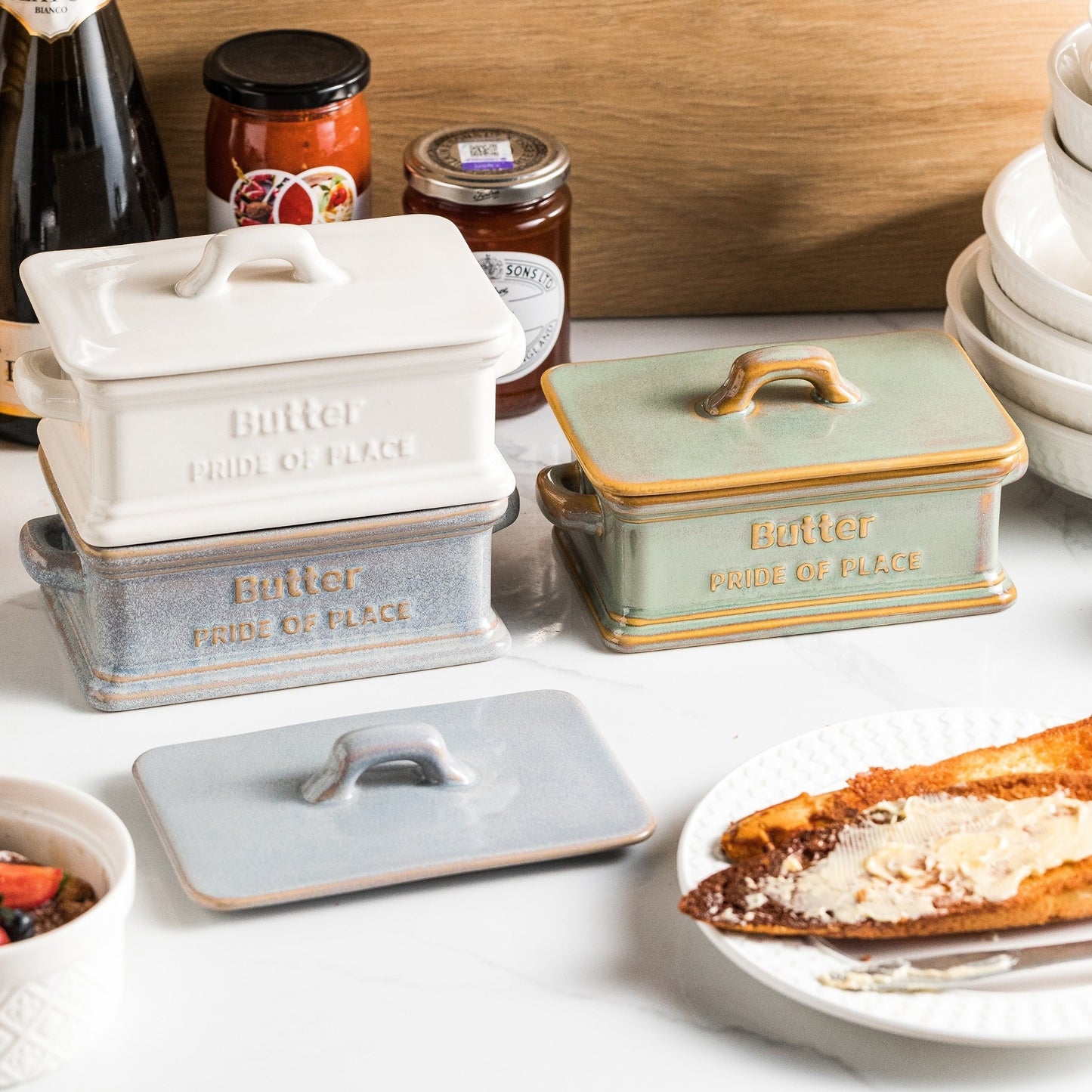 Elegant Ceramic Butter Dish with Wooden Lid | Airtight Kitchen Storage