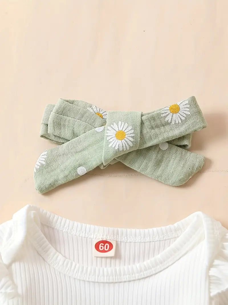 3-Piece Baby Girl Outfit – Flutter Onesie, Floral Pants & Headband