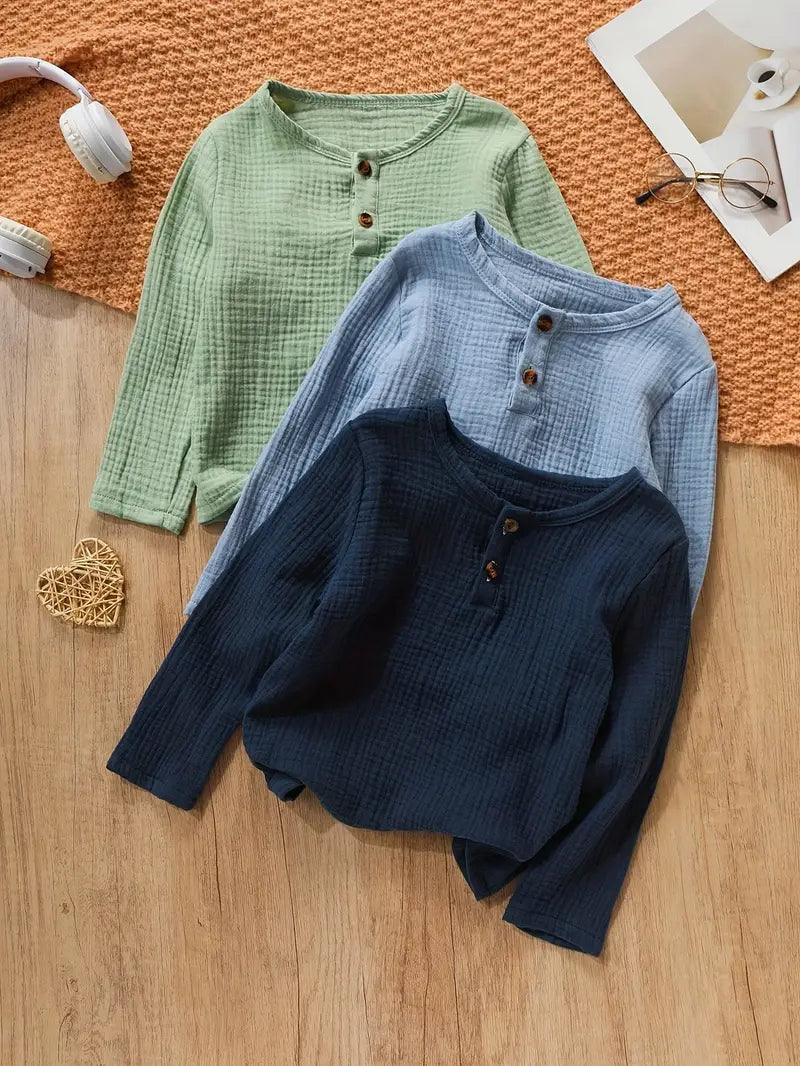 3PCS Boys Cotton Long Sleeve T-Shirts | Cozy Button Design