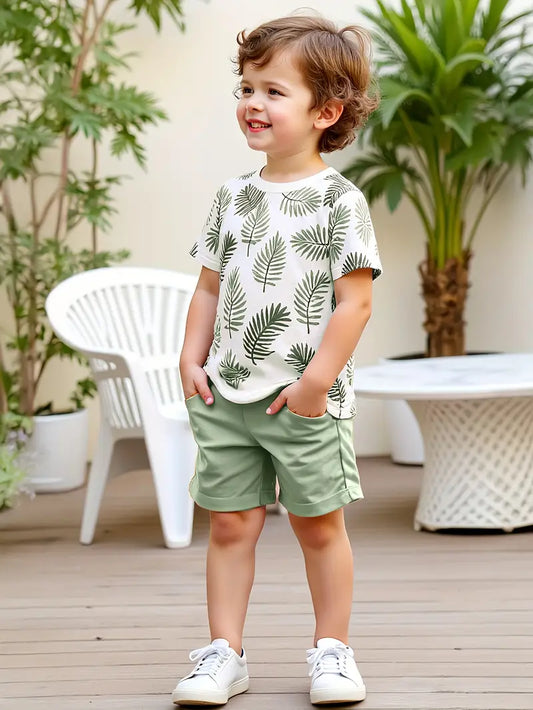 2PCS Boys Leaf Print Summer Outfit Set | T-shirt & Shorts
