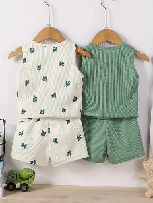 Summer Baby Boy Cactus Tank Top & Matching Pants Set | Waffle Cotton