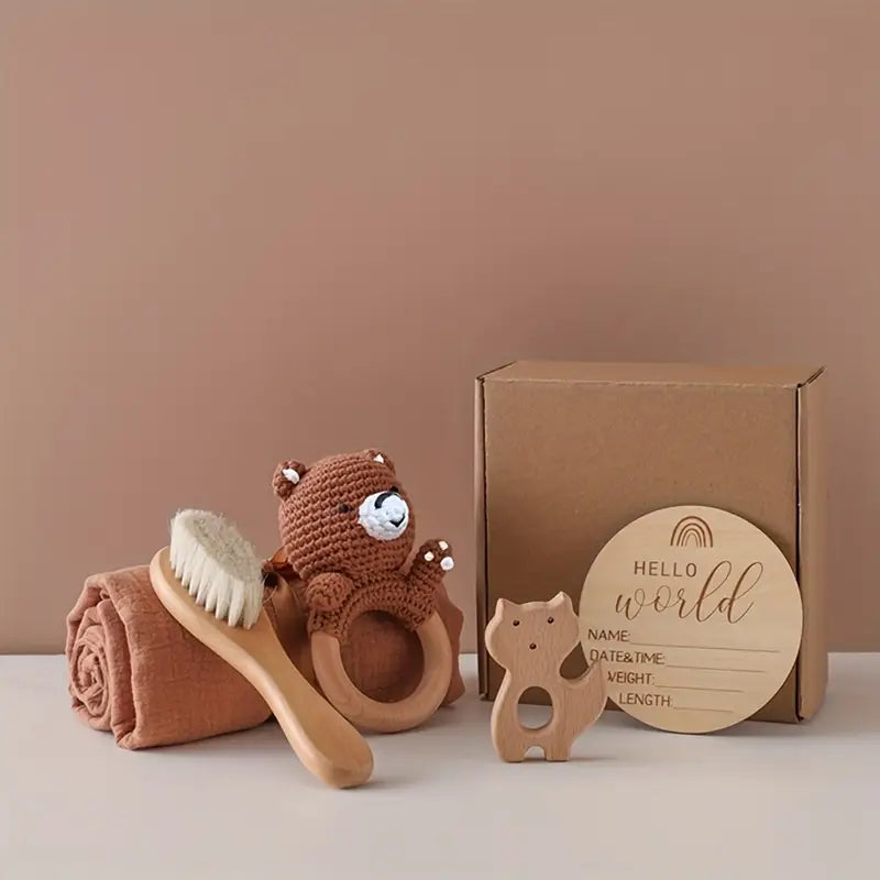 Newborn Gift Set – Crochet Rattle, Wooden Brush, Towel + Photo Props (Handmade)
