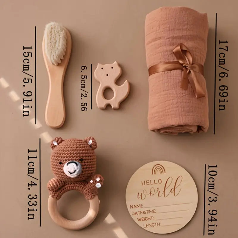 Newborn Gift Set – Crochet Rattle, Wooden Brush, Towel + Photo Props (Handmade)
