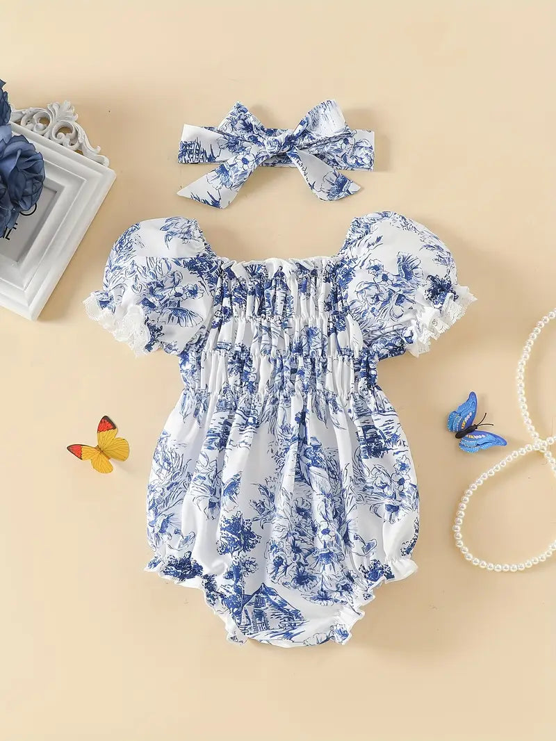 Baby Girl Floral Print Romper with Headband | Summer Outfit