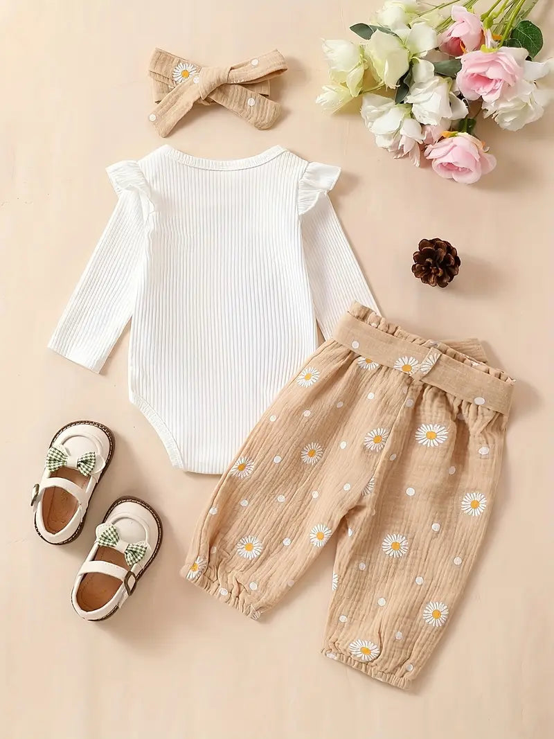 3-Piece Baby Girl Outfit – Flutter Onesie, Floral Pants & Headband