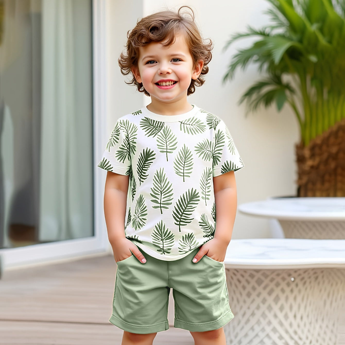 Boys Summer Leaf Print Outfit Set