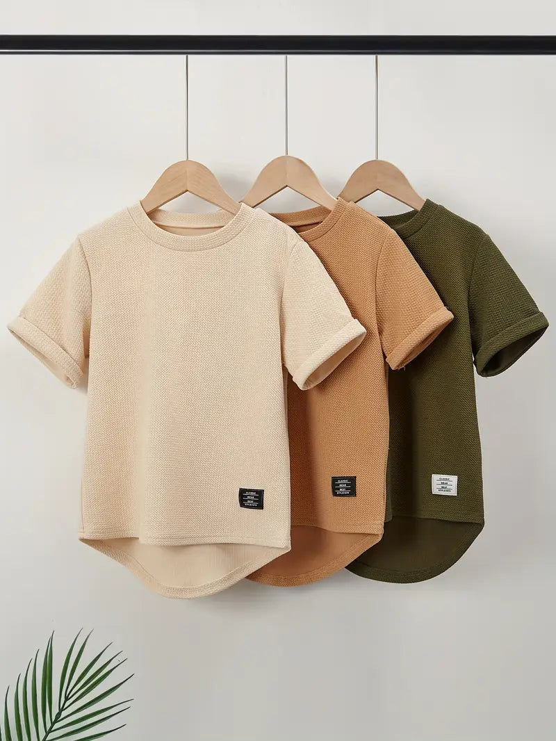 3PCS Boys Solid Color Curved Hem T-Shirts | Summer Casual