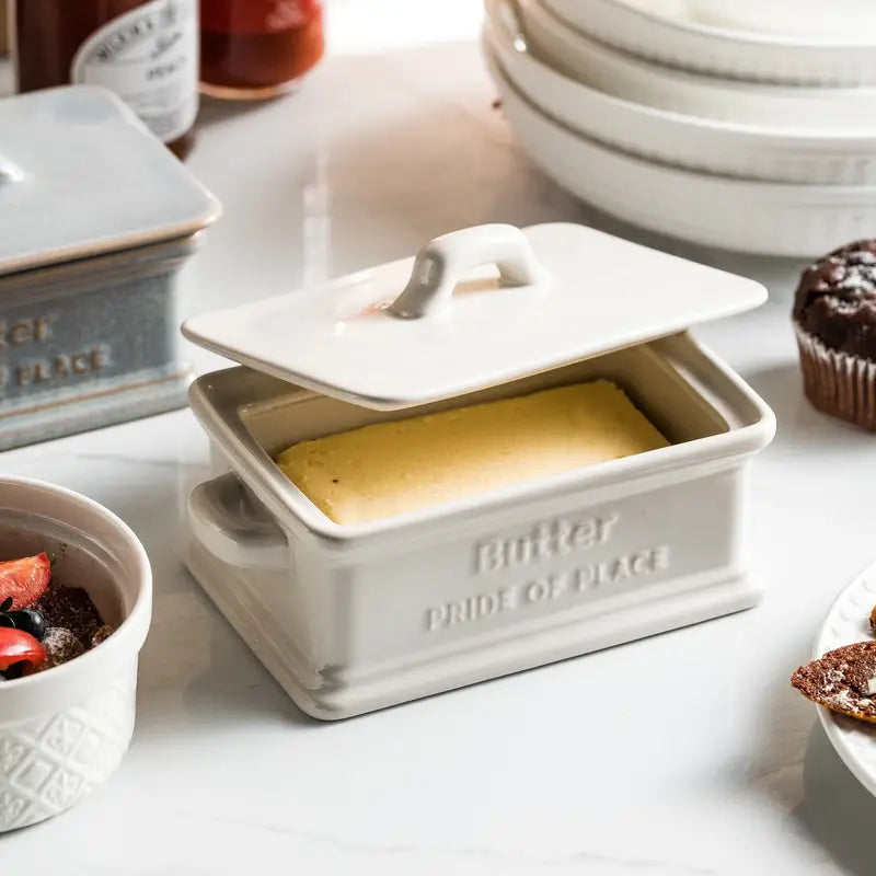 Elegant Ceramic Butter Dish with Wooden Lid | Airtight Kitchen Storage