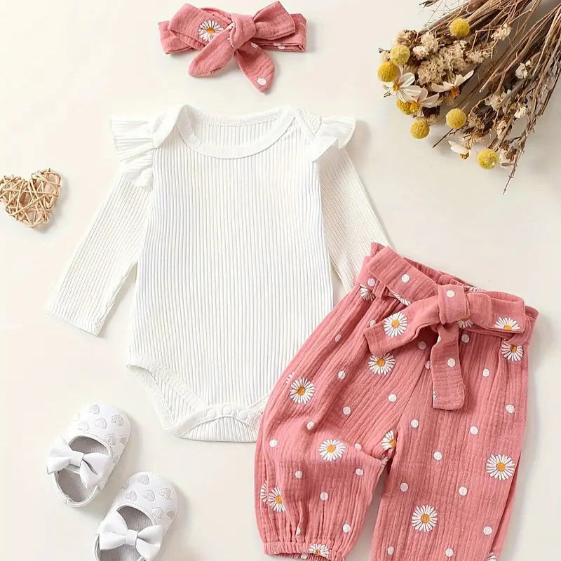 3-Piece Baby Girl Outfit – Flutter Onesie, Floral Pants & Headband