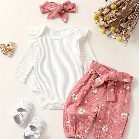 3-Piece Baby Girl Outfit – Flutter Onesie, Floral Pants & Headband