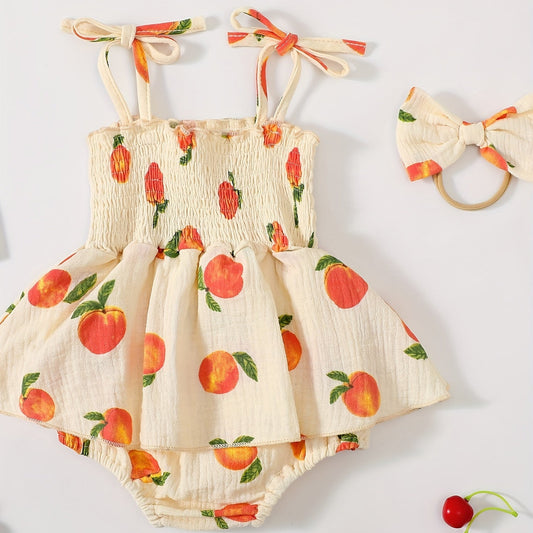 Orange shirred cotton romper dress for baby girls